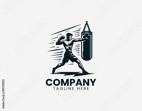 Boxer training with punching bag showing strength fitness and sport action in clean modern minimalist black vector illustration style on white background