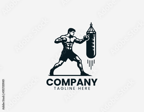 Boxer training with punching bag showing strength fitness and sport action in clean modern minimalist black vector illustration style on white background