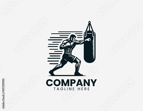 Boxer training with punching bag showing strength fitness and sport action in clean modern minimalist black vector illustration style on white background