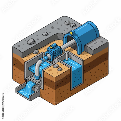 Isometric illustration of a water pump system in cross-section.