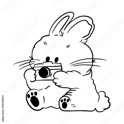 Hand drawn vector illustration of a cute rabbit holding a camera in its paws, line art