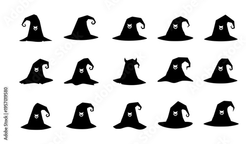 Halloween witch hat icon set with devil symbol variations colorful vector collection