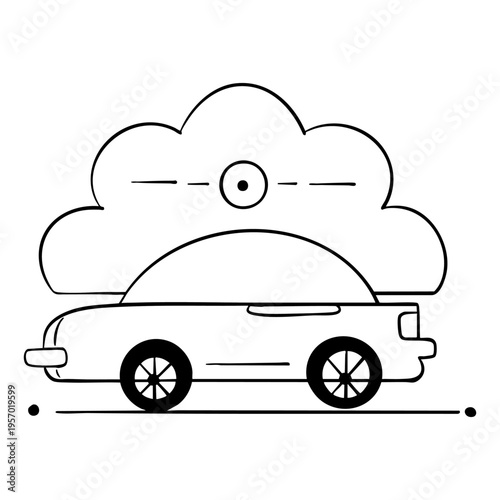 Hand drawn vector illustration of a car icon on a cloud background, line art