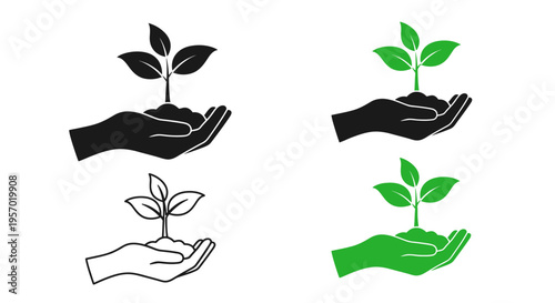 Set of hand holding sprout icons in various styles on white background