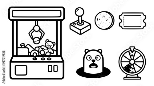 Vector illustration of a claw machine with prizes and tickets