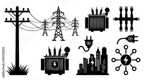 Electric power transmission and distribution system vector graphic illustration