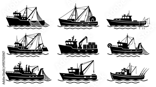 Various fishing boats and vessels on the water surface