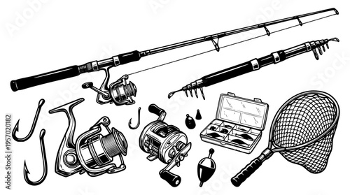 Fishing gear illustration including rods and reels