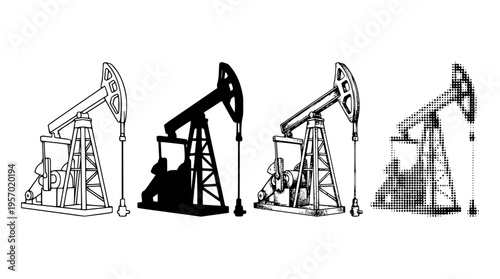 Various oil pump jack vector illustrations in different styles