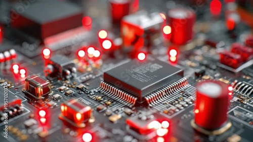 Circuit Board's Technological Heart: Illuminated by strategic red lights, a high-tech circuit board pulsates with life.