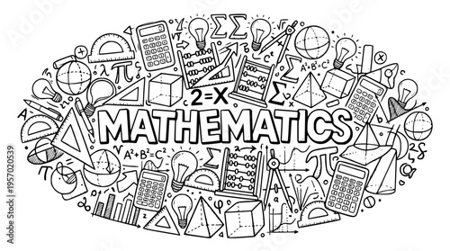 Mathematics illustration with various math symbols and tools