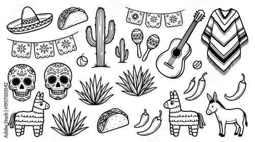 Mexican cultural symbols and festive elements illustration