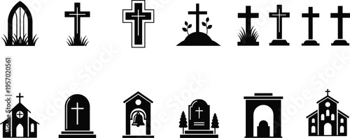 A collection of black silhouette icons depicting various cemetery grave markers and church buildings Vector