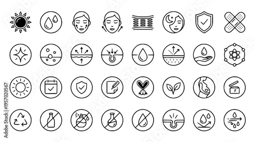 Vector graphic illustration of various skincare and beauty icons