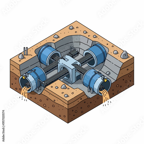Isometric view of a complex underground water management system.