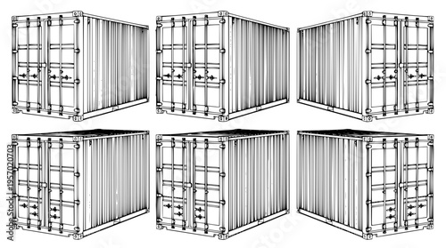 Vector illustration of six shipping containers in various angles