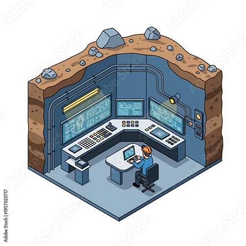 Isometric underground control room with a single operator monitoring screens.