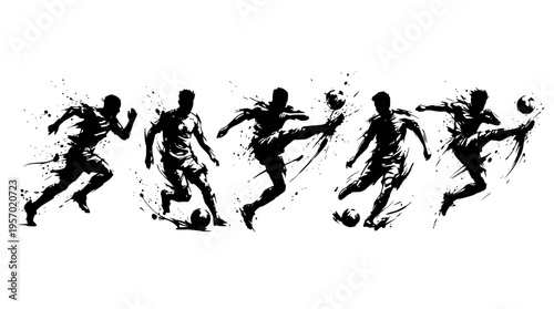 Soccer players in dynamic poses kicking ball vector illustration