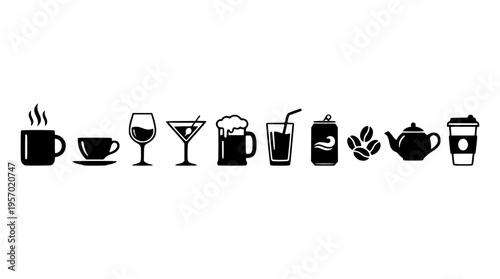 Vector graphic illustration of assorted drink icons in black