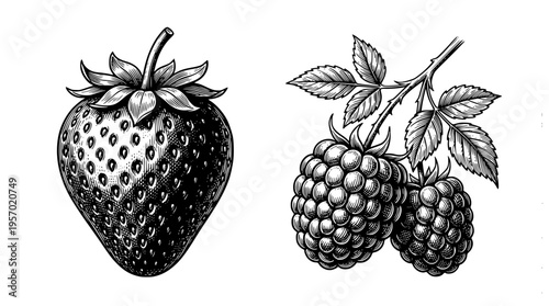 Black and white illustration of strawberry and blackberries