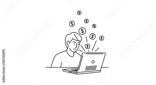 A person engaged in online earnings, with dollar signs representing financial gain emerging from their laptop, a modern digital economy concept