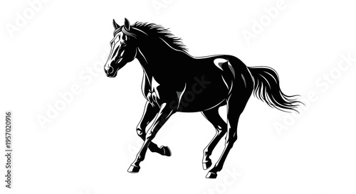 A powerful black horse gallops gracefully, showcasing its strength and beauty in a dynamic, full-body illustration against a stark white background