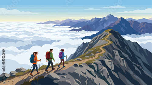 Three hikers with backpacks walk along a narrow mountain path, high above a sea of clouds with distant, layered mountains under a soft sky.