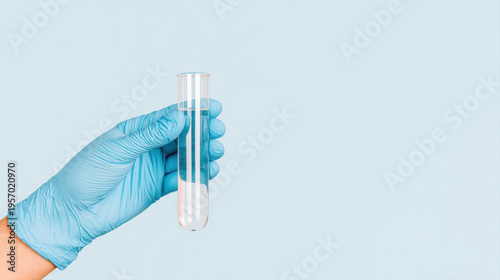 Laboratory test tube blue glove hand liquid science medical experiment research healthcare chemical transparent close up sterile plastic protection safety medicine analysis sample clinical clean