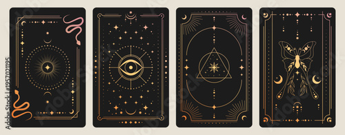 Mystical tarot card back with celestial sun, moon and stars in ornate golden frame, vector illustrations. Esoteric borders with magic symbols, spiritual snake, butterfly patterns for horoscope design