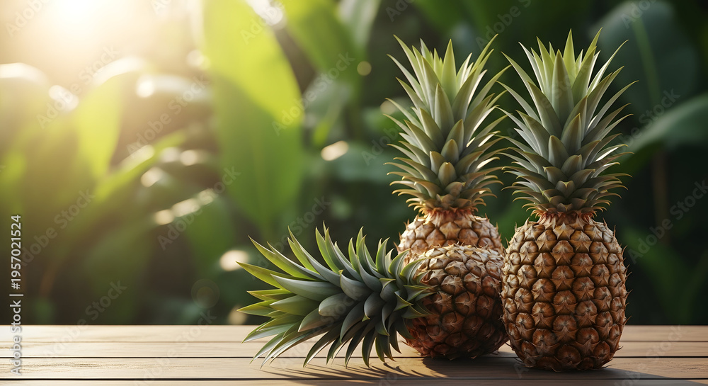 Fototapeta premium Three pineapples on a wooden table in a tropical setting