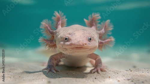 Close up of smiling axolotl underwater with clear sandy bottom and blue background in natural habitat