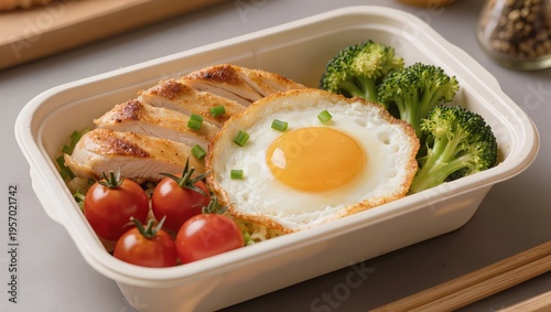 Close-up of a colorful lunch in an eco-friendly container with chicken, fried egg, cherry tomatoes, broccoli, and vegetables. Highlights healthy takeout and office meals