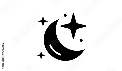 Clear night sky minimal glyph icon crescent moon shining star weather silhouette vector isolated on white