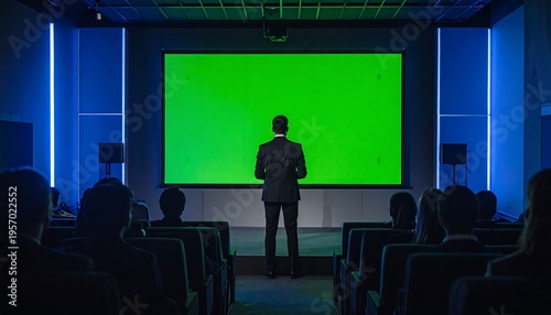 Man in Suit Presenting on Stage with Green Screen.