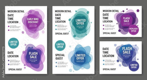 Abstract promotional flyer designs with fluid geometric advertising offers