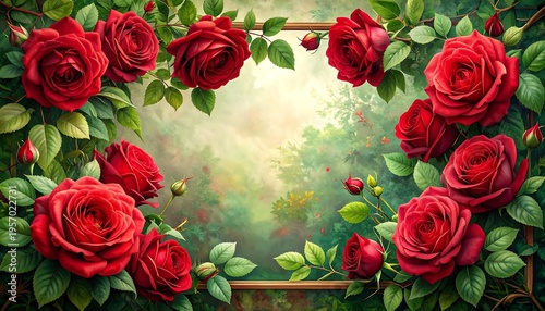 Vibrant Red Roses Border with Soft Garden Background.