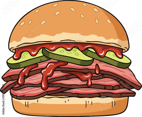 Delicious Stacked Meat Sandwich with Pickles and Sauce.