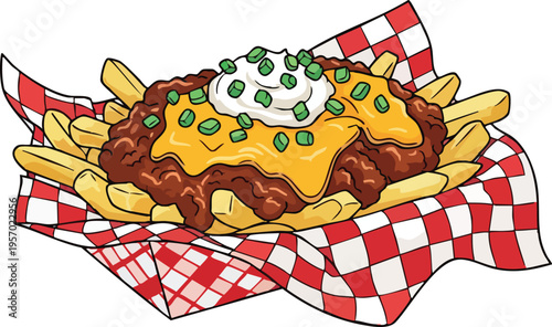 Delicious Chili Cheese Fries Topped with Sour Cream and Chives.