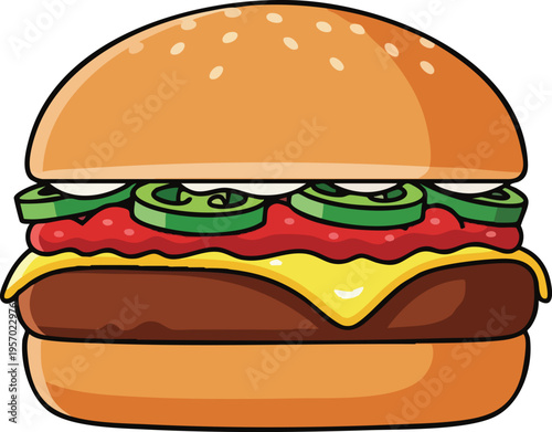Delicious Cartoon Hamburger with Jalapenos and Cheese.