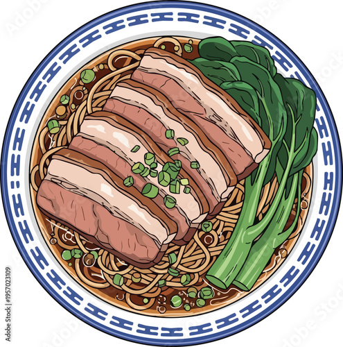 Delicious Bowl of Noodles with Sliced Pork and Greens.