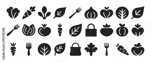 Set of black silhouette food icons, collection of healthy fruit and vegetable symbols. black silhouettes representing various vegetables against a white background, Vector illustration.