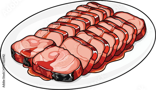 Delicious Sliced Roasted Pork Belly with Glaze on a White Oval Plate.