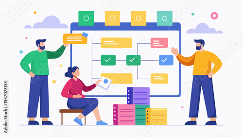 Business team planning project on task board. Agile workflow, scrum methodology, and teamwork collaboration concept. Flat vector illustration.