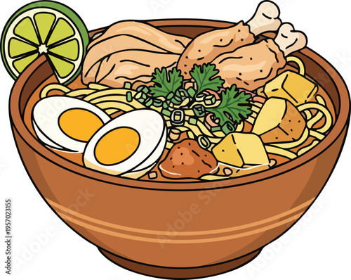 Delicious Chicken Noodle Soup Bowl with Egg and Lime.