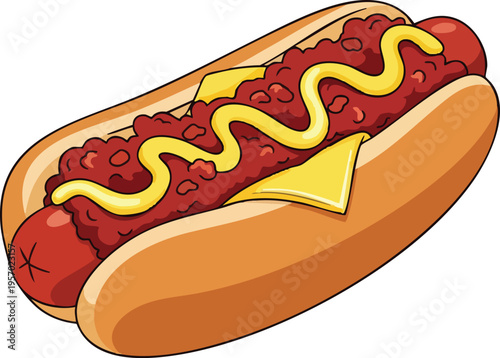Delicious Chili Cheese Hot Dog with Mustard.