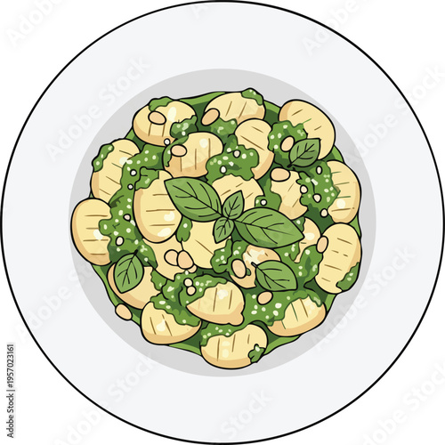 Delicious Gnocchi with Pesto Sauce and Fresh Basil Leaves.