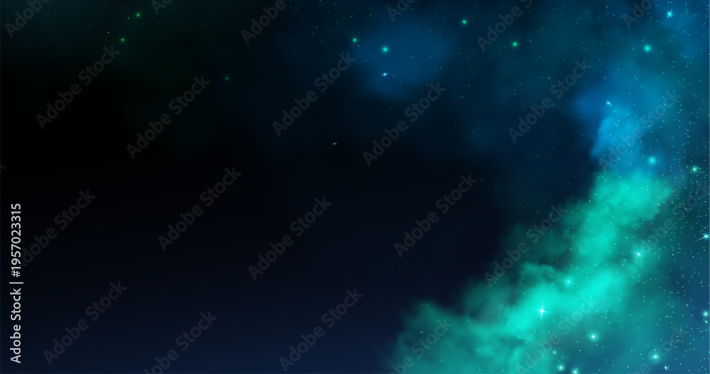 Fototapeta premium Magic smoke background with glowing light effects, sparkling stars, and mystical neon clouds, abstract vector background. Enchanting Halloween atmosphere, shimmering particles and fog, galaxy pattern