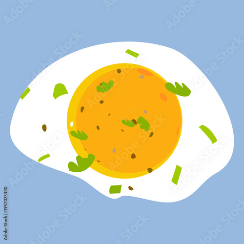 Single Sunny Side Up Fried Egg with Fresh Herbs. Minimalist Flat Vector Illustration Isolated on Transparent Background