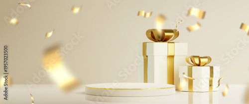 Luxury podium, white gift boxes with golden ribbon bow, 3d realistic vector background with gold confetti. Holyday banner with Christmas presents or birthday surprises, premium product display