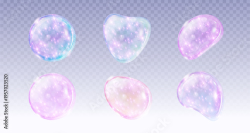 Transparent soap bubble with iridescent rainbow reflections, realistic vector illustrations isolated on background. 3D glossy shapes with holographic effect, water droplets, pink blue gradient shine.